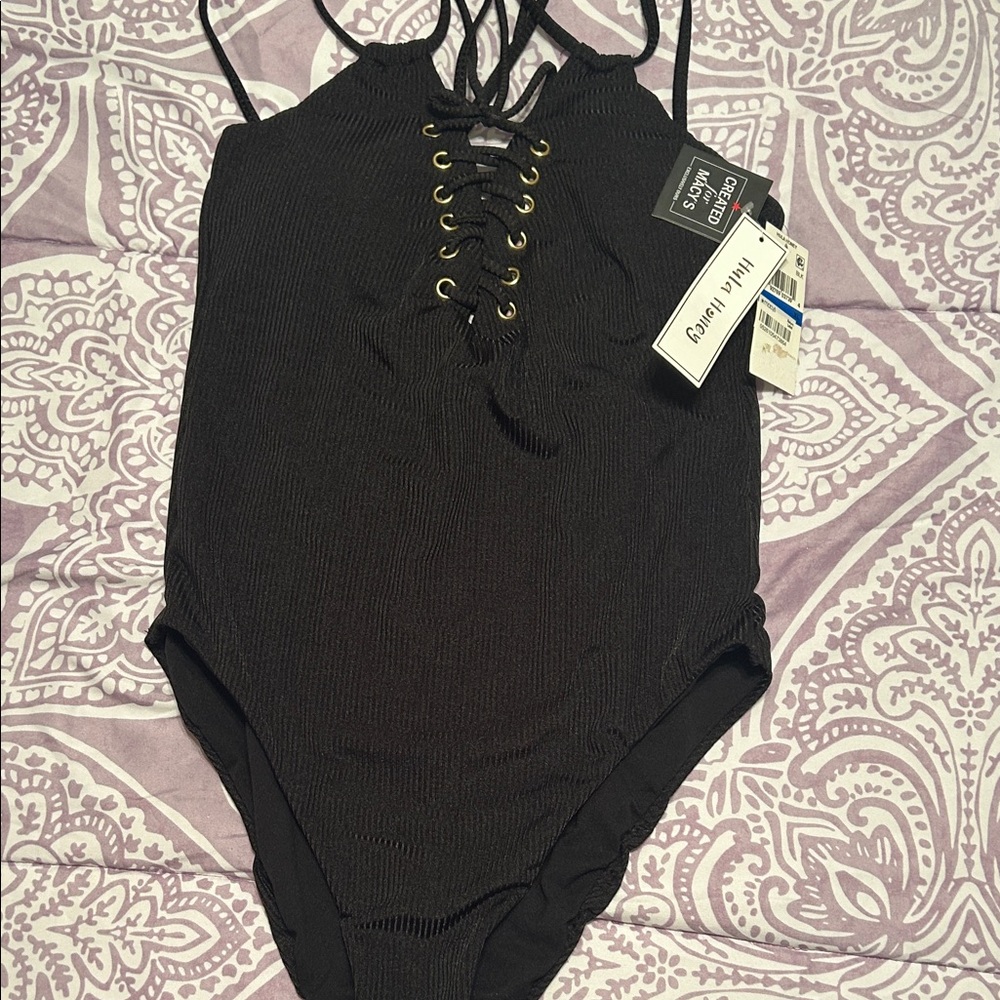 Hula Honey Shimmering Black Lace-Up Swimsuit Sz XL NWT